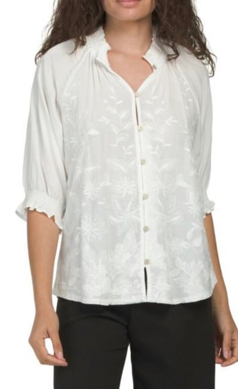 Democracy Embroidered 3/4 Sleeve Button Up Blouse Size Large NWT Boho